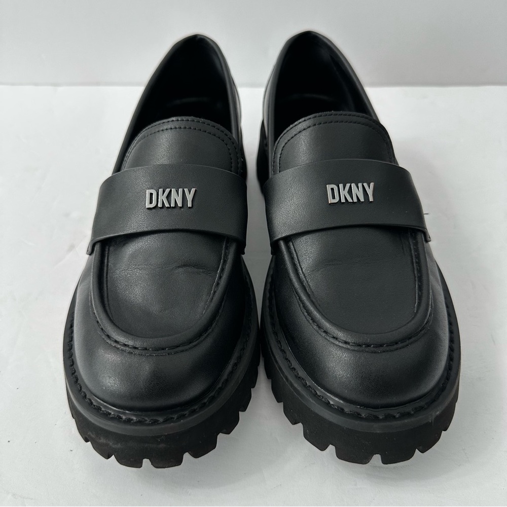 DKNY Black Leather Chunky Lug Sole Platform Loafers Slip On Sz 8.5 Grunge Goth - Picture 2 of 9